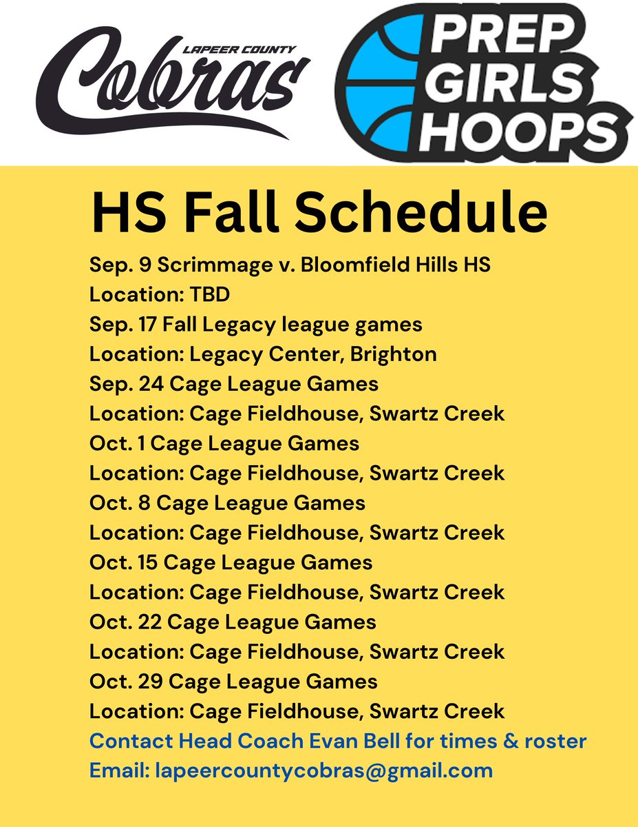 Evan Bell (@coachevanbell) on Twitter photo <a href="/LCCobras/">Lapeer County Cobras</a> Varsity Fall League Schedule: scouts and coaches come see us play ๐ <a href="/LCCobras/">Lapeer County Cobras</a> Varsity Fall League Schedule: scouts and coaches come see us play ๐