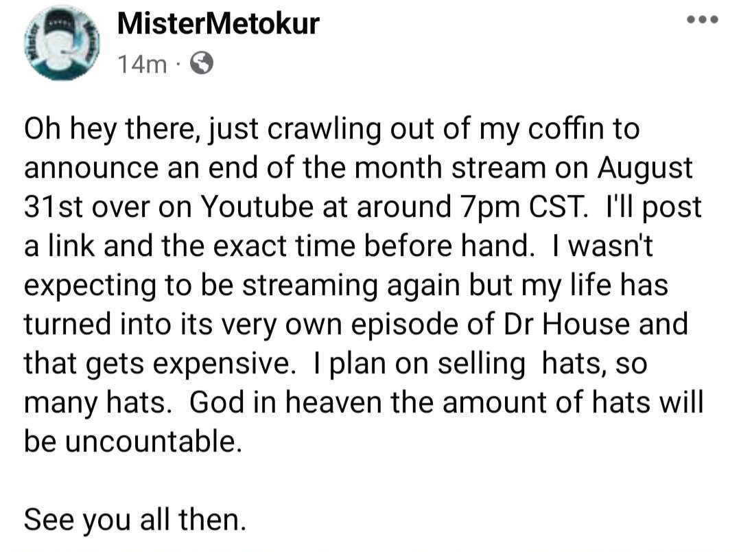Andywarski's tweet photo. Yooooooo Mister Metokur Streaming again!! AUGUST 31ST!!! LETS GOOOOOOO. He is def gonna be talking about Ralph 🤣 https://t.co/3y3ZO0UhHo