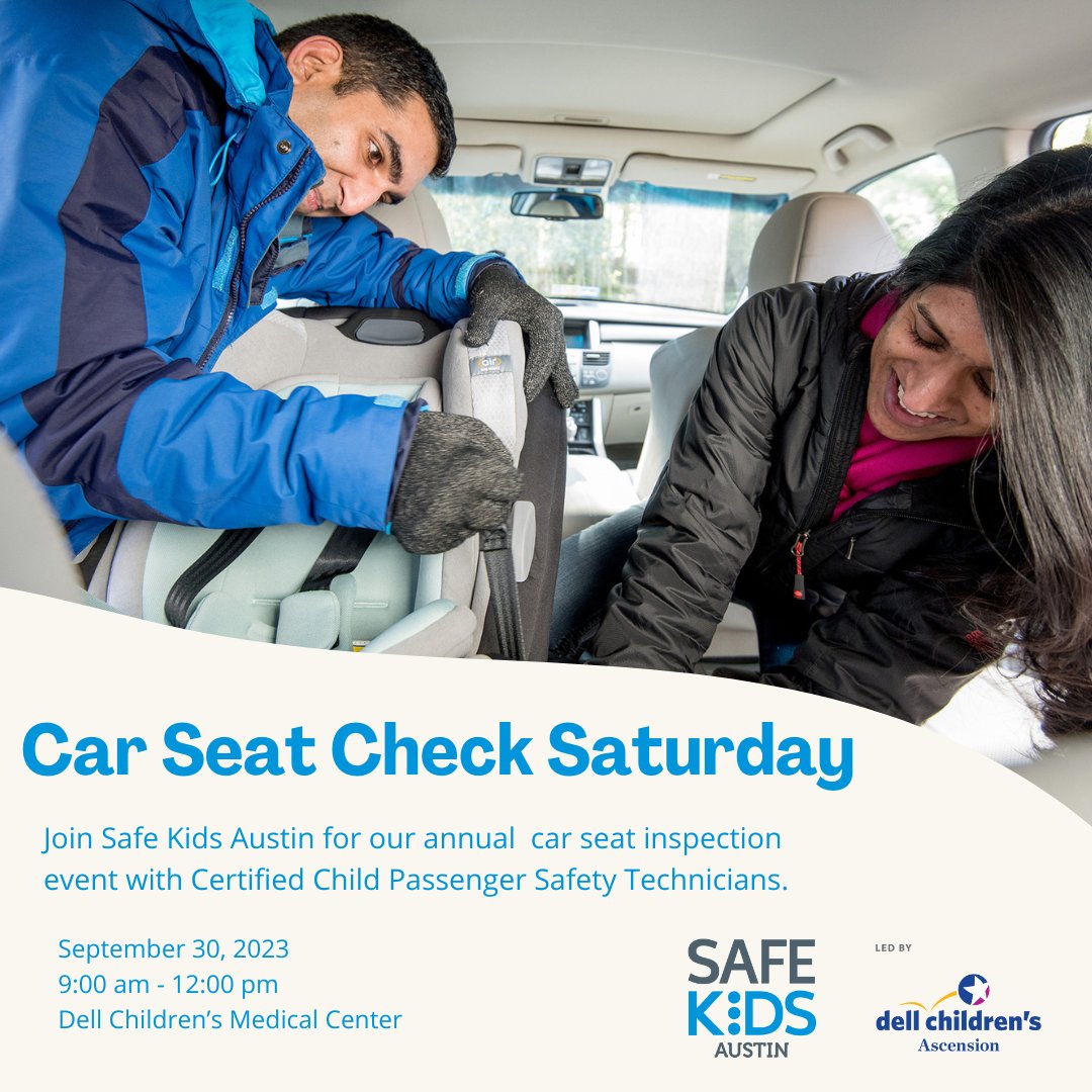 SafeKidsAustin's tweet photo. Wondering if your child's car seat is installed correctly? Come to our Car Seat Check Saturday event and a Child Passenger Technician will help you! No appointments are needed. https://t.co/1plXtm6LPx