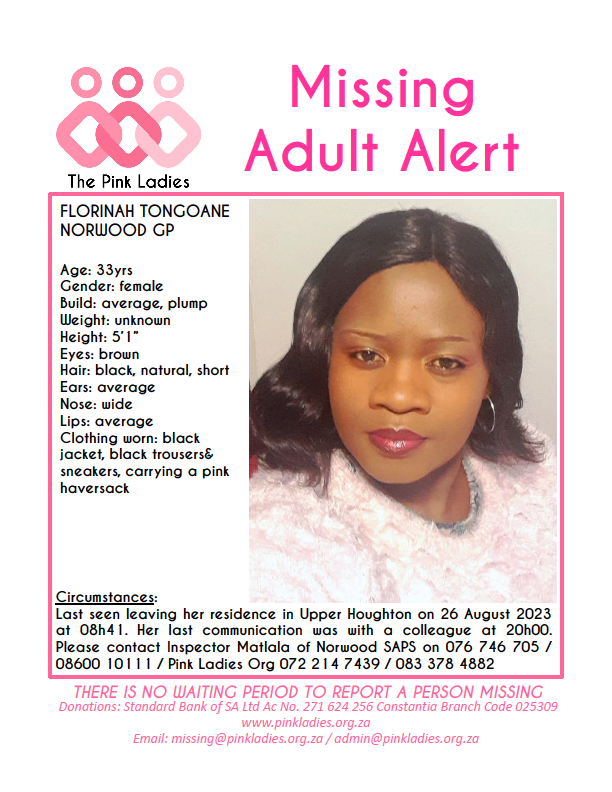 ThePinkLadiesOr's tweet photo. #MISSINGPinkLadies @ThePinkLadiesOr
MISSING: Norwood GP Florinah Tongoane 33yrs 26 Aug 2023
NOTE: Admin will make any necessary announcements once confirmed by Saps and/or press releases.
Pink Ladies Org
#Missing https://t.co/FUkce38pbC