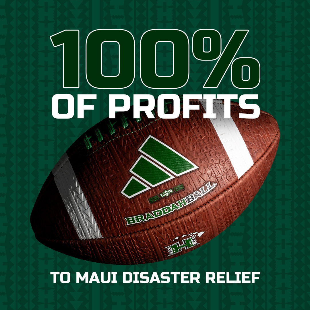 BigGameUSA's tweet photo. The BraddahBall was inspired by Hawaiian heritage; the Maui fires give it so much more significance. 100% of the profits of this ball will be donated to the University of Hawai’i Foundation to support the islands. Purchase at https://t.co/kDQLjDfi1n #BigGame #MauiStrong #Lahaina https://t.co/fu4dT3qGF0