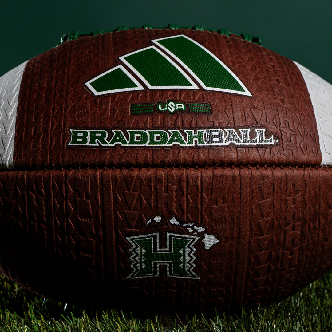 BigGameUSA's tweet photo. The BraddahBall was inspired by Hawaiian heritage; the Maui fires give it so much more significance. 100% of the profits of this ball will be donated to the University of Hawai’i Foundation to support the islands. Purchase at https://t.co/kDQLjDfi1n #BigGame #MauiStrong #Lahaina https://t.co/fu4dT3qGF0