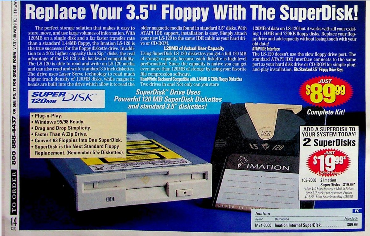 LGcommaI's tweet photo. "By 2000, the entire removable magnetic disk category was.. obsoleted by.. falling prices of.. CD-RW drives..
Over the next few years, #SuperDisk was quietly discontinued, even in areas where it was popular.
Today, disks are very hard to find." Wiki
#HistoryOfTechnology https://t.co/vdh1k3YWux