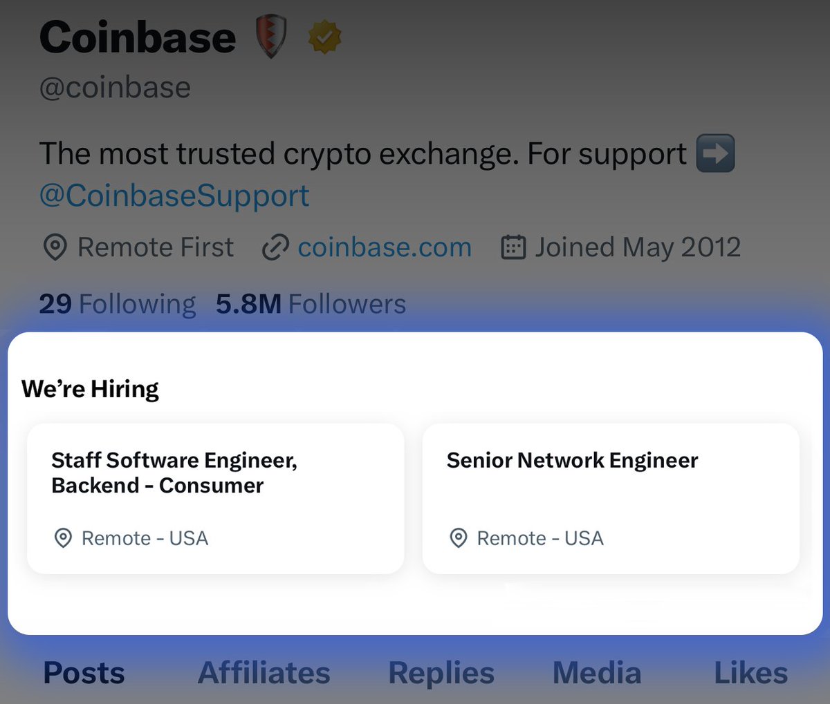 Coinbase is thrilled to partner with @X on the launch of a shiny new hiring feature - directly in our profile. Explore job opportunities while you scroll @X on mobile, desktop, and beyond.  #LiveCrypto #NowHiring