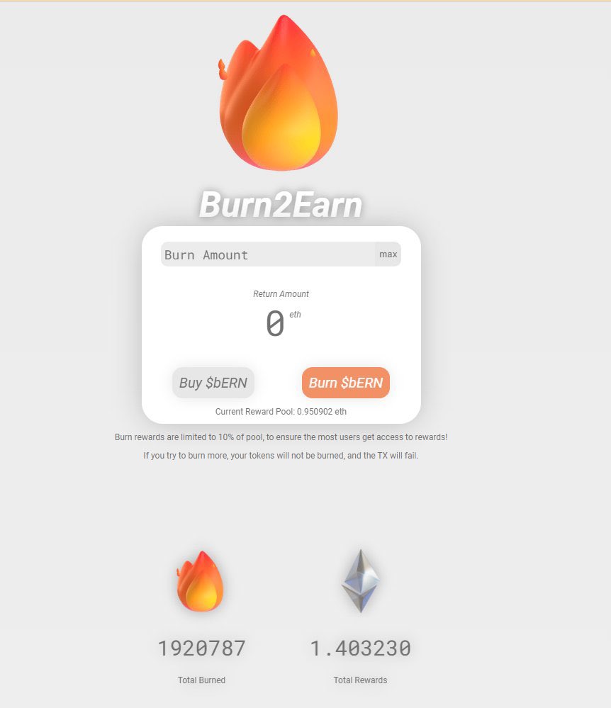 BURN2EARN $bERN Just like $Cindr, $bERN was first mover and they are sitting at 80k They also have their DApp working, Cindr doesn’t. Let’s give this dev his credit Chart: dexscreener.com/ethereum/0xd56… Tg: t.me/burn2earnportal