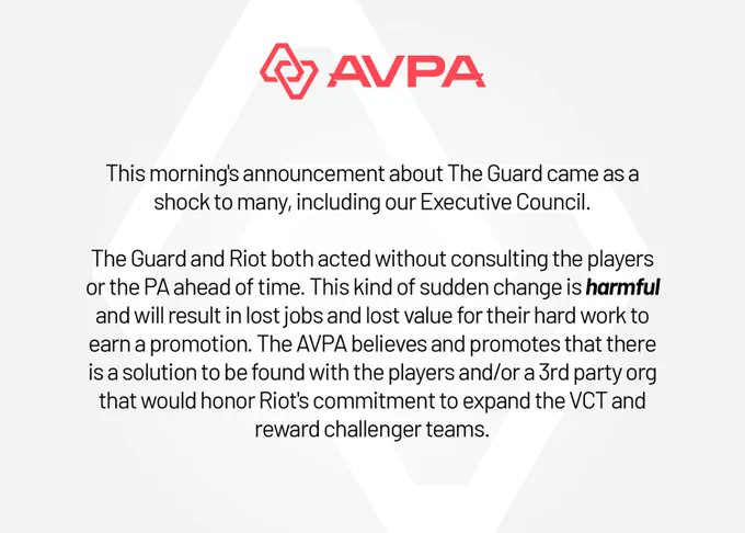 ValorINTEL's tweet photo. The Americas VALORANT Players Association have called on The Guard and Riot for acting without consulting the players of The Guard

They ask for a different solution such as finding a 3rd party org that would honor Riot's commitment

🔗 https://t.co/g9XHCl86z3 https://t.co/Cob5Jtkd5u