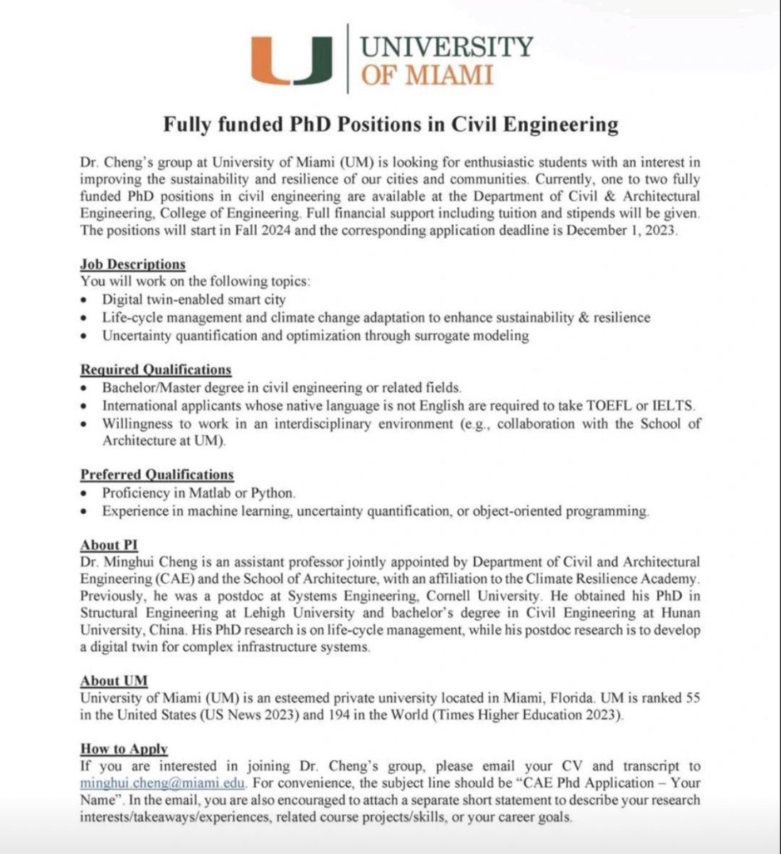 Two Graduate Student Positions are available in Civil Engineering at the College of Engineering at the University of Miami for Fall 2024.

Deadline: December 1,2023.
See flier below for more details.

#civilengineering #architecturalengineering #graduateopportunities