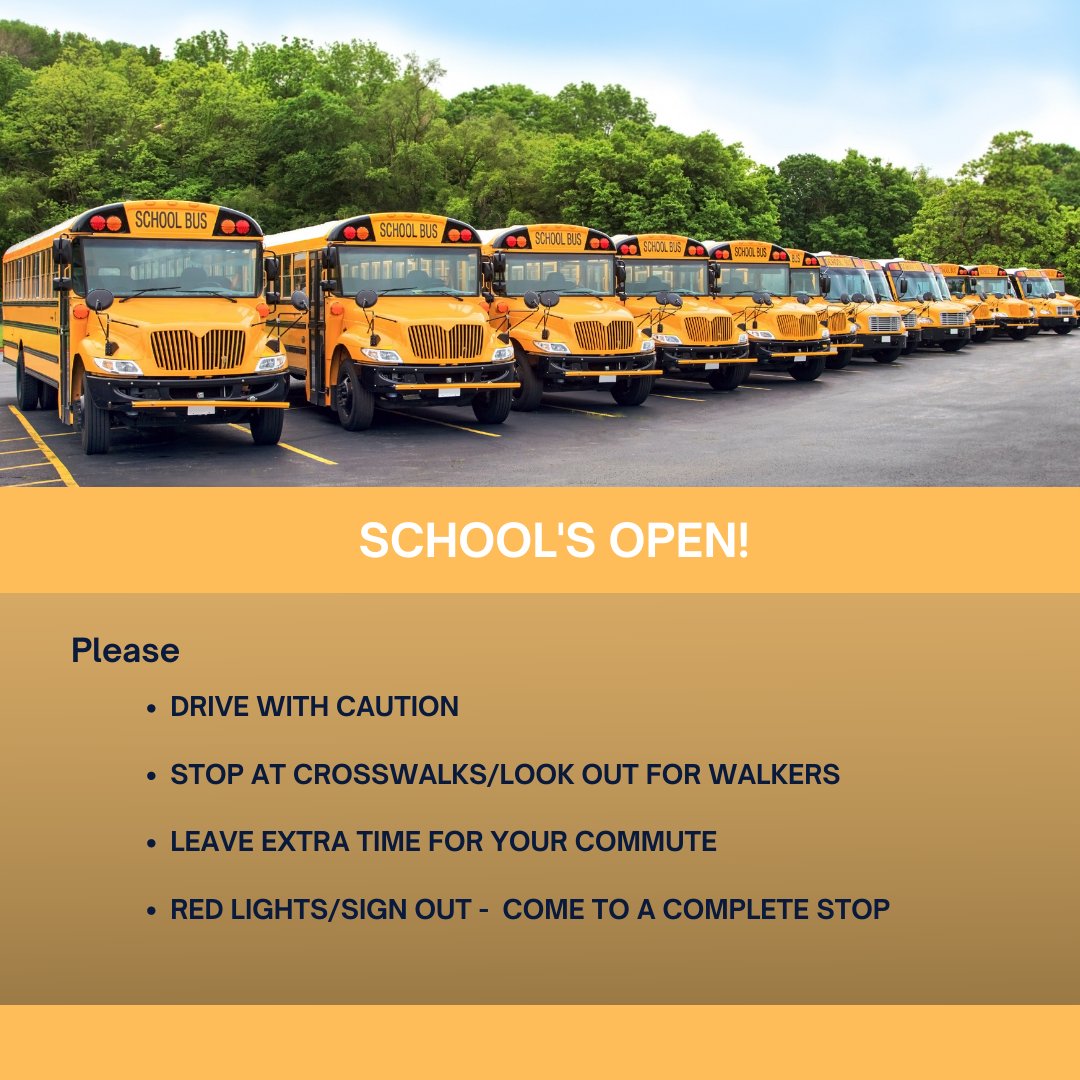 With school opening tomorrow (8/30), we wanted to send a reminder to drive with extra caution in the morning as bus drivers, families, and students return to their new routines. Stop at crosswalks and when a bus has its red lights flashing/sign out.