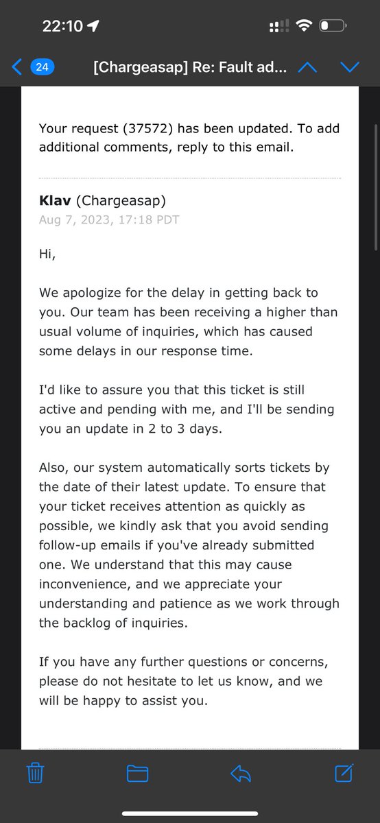 marcflores's tweet photo. @chargeasap Respectfully, the advisor (Klav) mentioned this in his last email and I’ve been patient since then (having not sent another email). So you’ll understand why I am peeved that I didn’t receive anything after 2-3 days as stated. https://t.co/BGaSGp4D7f