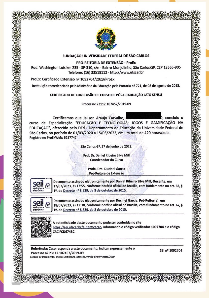 JailsonAC's tweet photo. Quatro certificados de especialização conseguidos em 2023:

Universidade Federal do Tocantins 
Universidade Federal do Piauí 
Instituto Federal de Brasília 
Universidade Federal de São Carlos https://t.co/ttuLZkIFm8