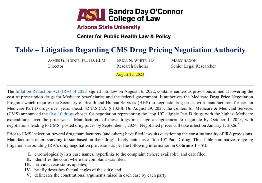 Trying to make sense of the emerging constitutional series of claims by drug companies re: CMS drug pricing negotiation program and its release of the initial 10 drugs on the list? Check out the concise table on our ASU Center for PHL &amp; Policy website at lnkd.in/gFMmhMiV