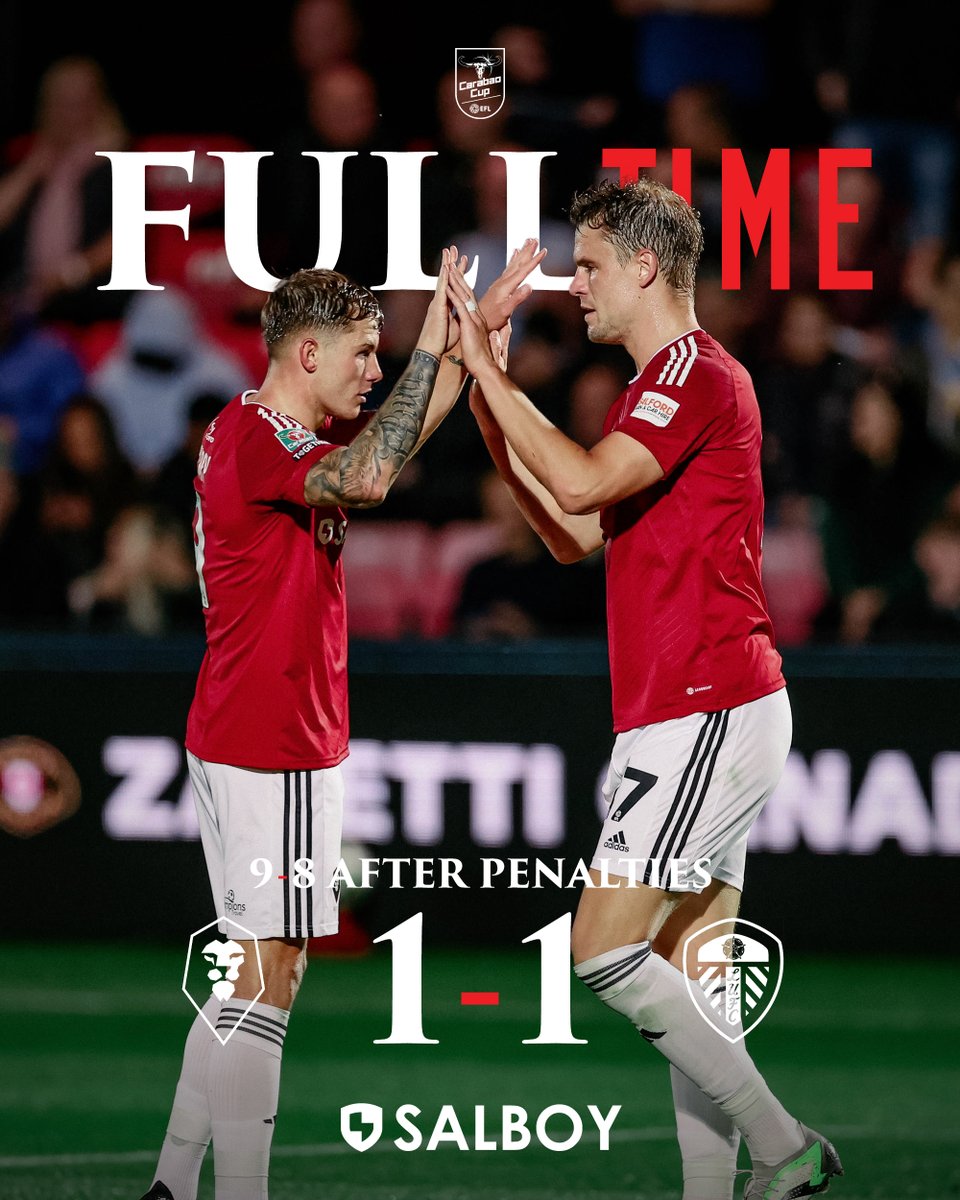 SalfordCityFC's tweet image. FT - WHAT A NIGHT. WHAT A PERFORMANCE. WHAT A WIN. YOUUU AMMIESSS!!!!!!! 👏👏👏

[1-1] [9-8 After Penalties] #SALvLEE || @salboyltd