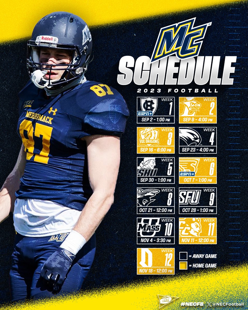 NEC Football (@necfootball) on Twitter photo 🗓 <a href="/Merrimack_FB/">Merrimack Football</a>, which owns the nation's third-longest road winning streak, is scheduled to play an 1️⃣1️⃣-game slate in 2023.
🏈 The Warriors kick off the campaign with a date at No. 5 Holy Cross this Saturday (Sep. 2). 🗓 <a href="/Merrimack_FB/">Merrimack Football</a>, which owns the nation's third-longest road winning streak, is scheduled to play an 1️⃣1️⃣-game slate in 2023.
🏈 The Warriors kick off the campaign with a date at No. 5 Holy Cross this Saturday (Sep. 2).