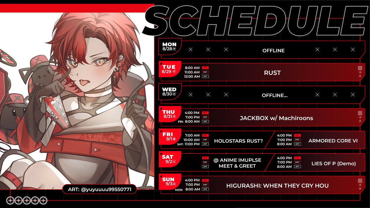 🪫 SCHEDULE  🪫
WEEK: 8/28 - 9/3

Chill week! 
Maybe RUST guerillas, but don't count on it >__<
Finishing up Higurashi Ch.1 for real this time!

🔴Live: #FlayOnAir 
🎨Art: #FlayonsCrayons
🎞️Clips: #FlayOnWords
💢Meme: #MachironiXCheese
📨Assets: #Machimates