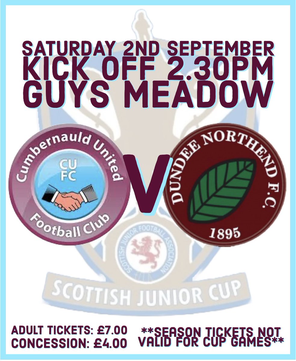 🏆Next Up🏆

🏠 Cumbernauld United

🅰️ Dundee Northend 

🏆 Scottish Junior Cup - Round 1

📍 Guys Meadow

⏳2.30PM

🎟️ Adults: £7.00
🎫 Concession £4.00

(Season Tickets Not Valid for Cup Games)

Come along and show your support! 

<a href="/scottishjuniors/">Scottish Community FA</a> 

#monthenauld