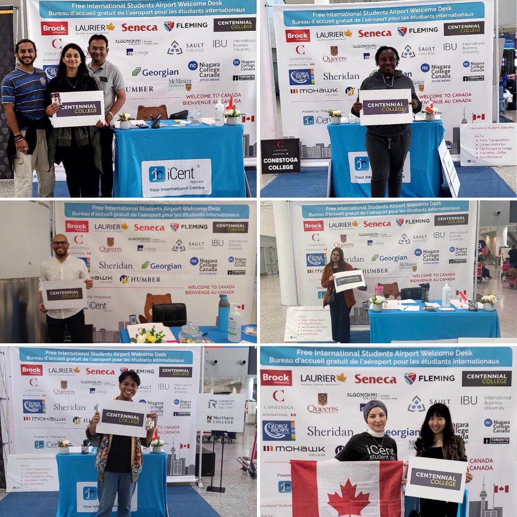 iCentapp's tweet photo. Excited @CentennialEDU #internationalstudents were warmly welcomed at @TorontoPearson International Airport by the #iCent #AirportWelcomeDesk team. Assisted arriving students with transportation and accommodation information, free phone calls home and other helpful services. https://t.co/NJJBwy5Wgv