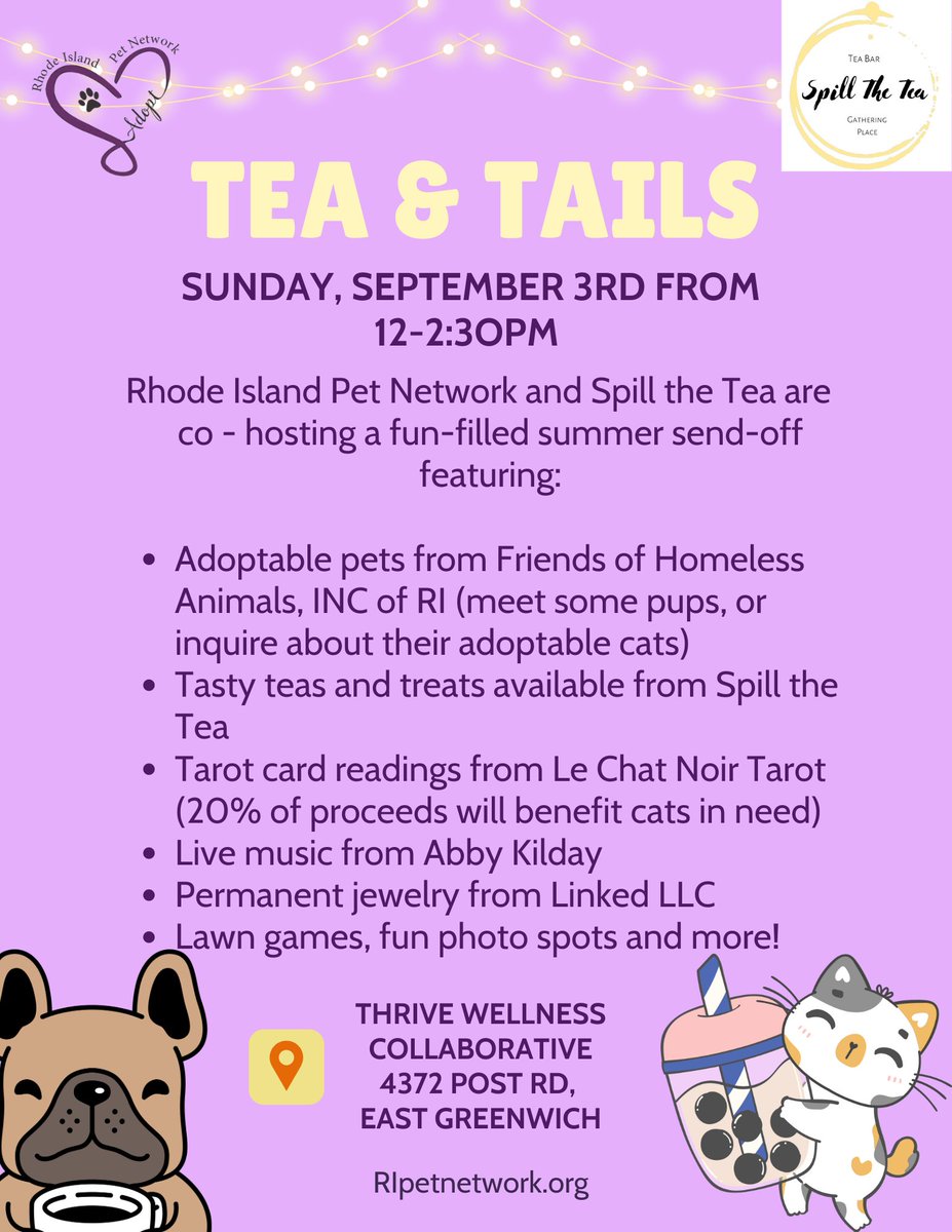 ripetnetwork's tweet image. Join us Sunday, 9/3, for a fun-filled summer send-off featuring adoptable pets from @fohari1, a tarot card fundraiser to help cats in need, tasty teas, permanent jewelry, live music, and more! 
#RIevents #LaborDayWeekend #adoptablepets