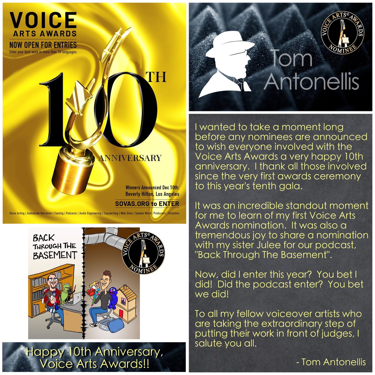 tom_antonellis's tweet photo. To all my fellow #voiceoverartists who are entering the @VoiceArtsAward s, I salute you all!

For more on my feelings upon learning of my first nomination &amp; my feelings entering again this year - @SovasVoice ‘s 10th Anniversary, visit my non-character-restricted social media. https://t.co/aJnUq7uZGy