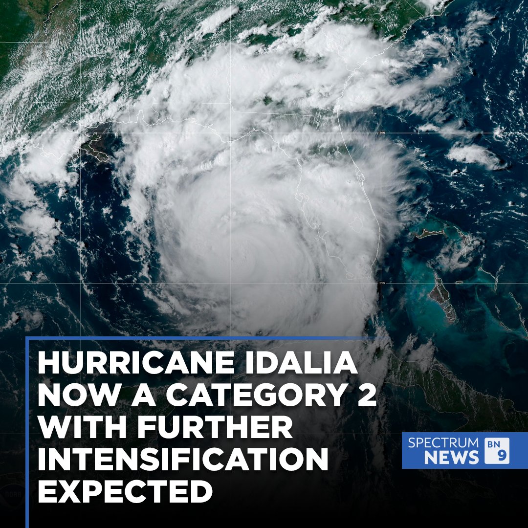 BN9's tweet photo. #Idalia is now a Category 2 hurricane, with winds at 100 mph as of the latest advisory. It's located about 195 miles southwest of Tampa, moving north at 16 miles per hour. https://t.co/BDdVbVayuD https://t.co/TGoFekqHIZ
