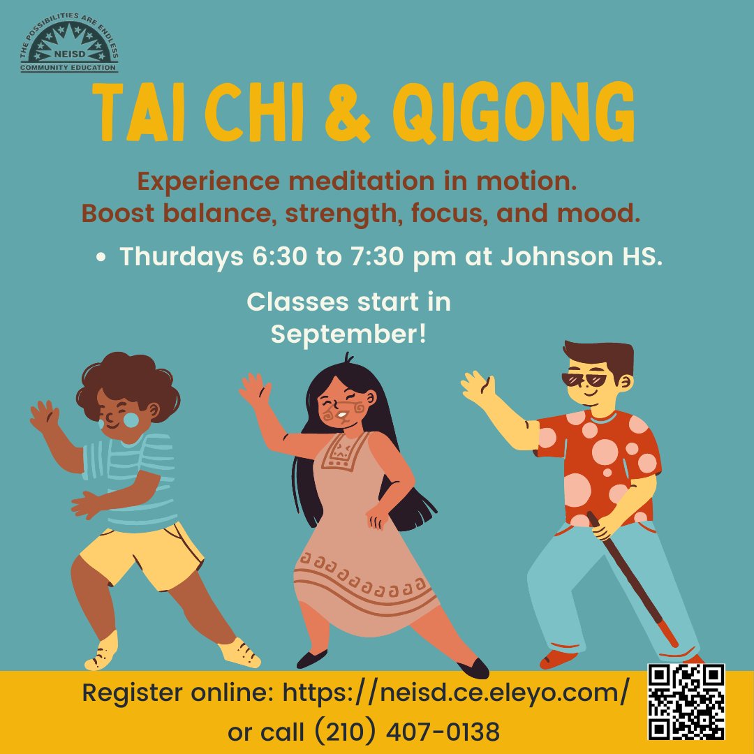 If you're looking to try out a new hobby, let us introduce one of our most popular classes - Tai Chi!
The ancient art of Tai Chi uses gentle flowing movements to reduce the stress of today's busy lifestyles and improve health. 
Register here! tinyurl.com/zyhdvme3
#neisd