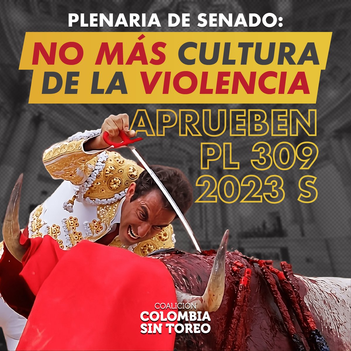 #Atención 🚨
Plenaria de <a href="/SenadoGovCo/">Senado de la República 🇨🇴</a> debate la iniciativa que busca detener las violentas prácticas taurinas (PL 309/23S).
Exhortamos a los senadores para que legislen por una cultura de respeto a los animales y celebración de la vida. 
¡Sí a una #ColombiaSinToreo!
🐎🇨🇴🐂
