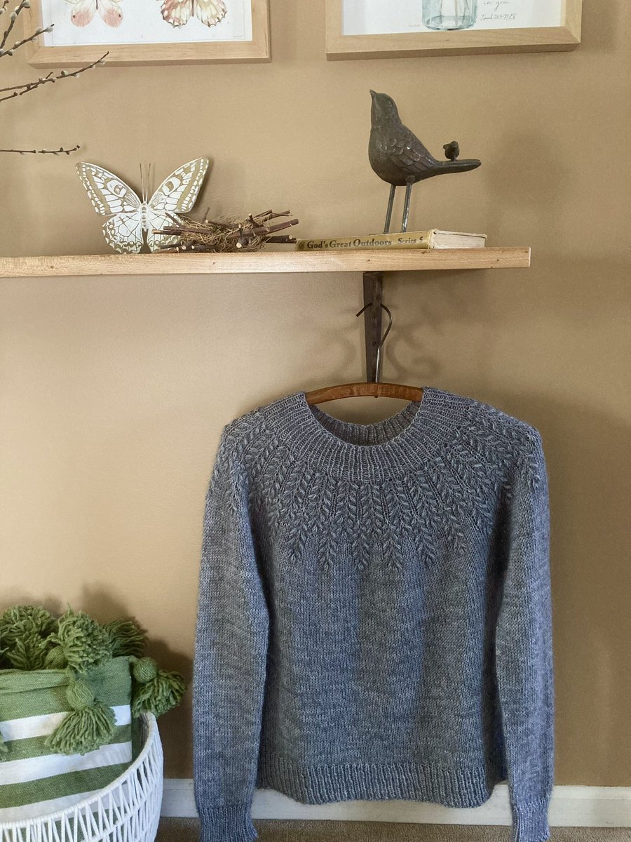 knittingjulie's tweet photo. Just finished knitting this ever so soft sweater with fingering wool held double with silky mohair.  I think this is one of my nicest sweaters!  Almost eager for a good, cold Michigan winter to wear this one! #knitting #fieldsweater https://t.co/u18gZNMWQi