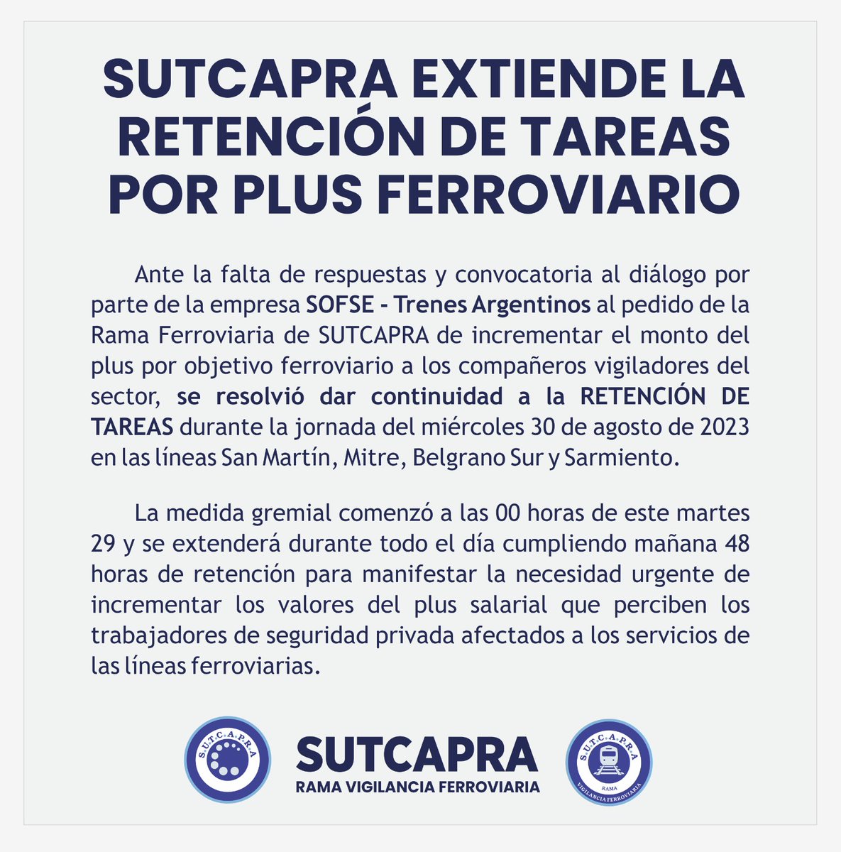 #URGENTE 📢 Ante la falta de respuestas y convocatoria al diálogo por parte de la empresa @TrenesArgentinos al pedido de SUTCAPRA de incrementar el monto del plus por objetivo ferroviario a los vigiladores, se resolvió dar continuidad a la RETENCIÓN DE TAREAS.

<a href="/MartinMarinucci/">Martín Marinucci</a>