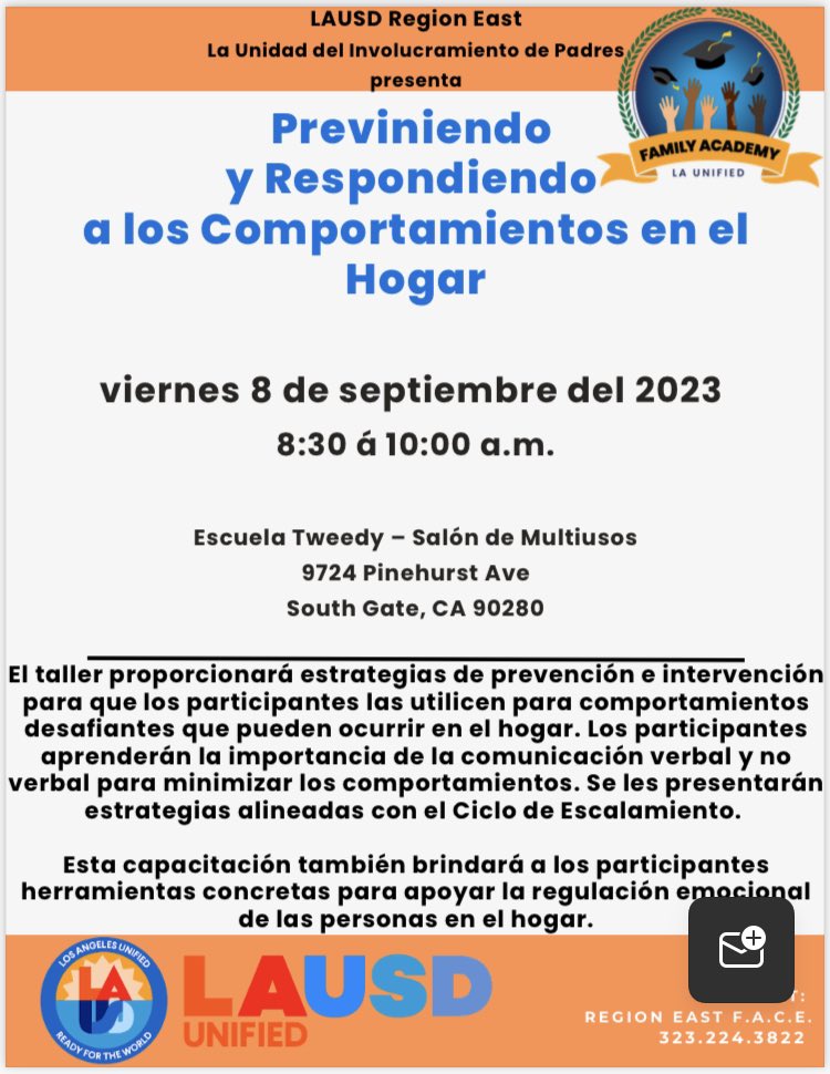 Join us Friday September 8 for behavioral workshops.
Acompáñenos El día viernes 8 de septiembre para un taller para estrategias de comportamiento para su hogar.