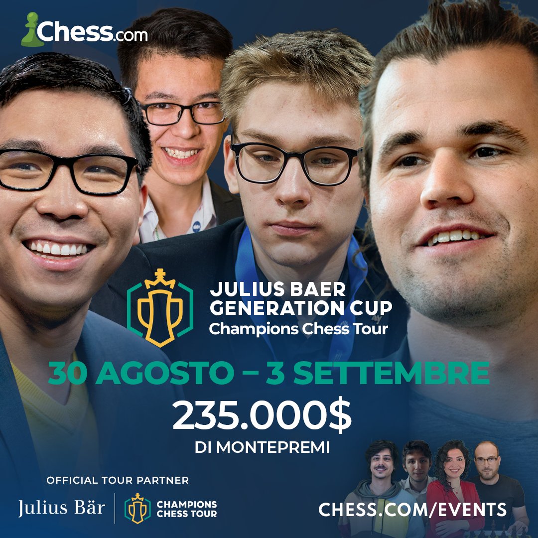 chesscomit's tweet photo. Dal 30 agosto al 3 settembre torneremo sui nostri canali Twitch e YouTube per commentare la 5ª tappa del #ChampionsChessTour 2023: la #JuliusBaerGenerationCup! 🔥
Tra gli li 8 giocatori della massima Divisione che seguiremo ci sono: Carlsen, Caruana, Firouzja, So e Abdusattorov! https://t.co/AE9tzmVfsn