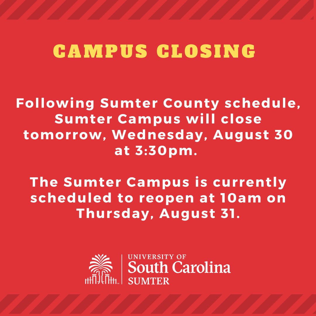 Please be safe! Students, faculty, and staff, if you haven't done so already, sign up for USC Sumter Campus Alerts at my.sc.edu/emergency. Once logged in, click on Update Account Settings then Emergency Notifications and complete the fields to sign up for text and alerts.