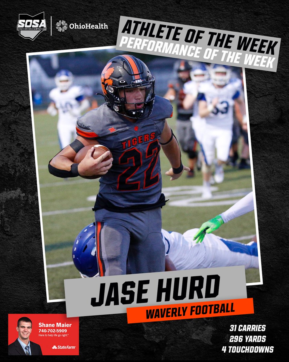 Our Performance of the Week, presented by Shane Maier — State Farm Insurance, belongs to <a href="/WaverlyTigersFB/">Waverly Tigers Football</a>’s <a href="/JaseHurd/">Jase Hurd</a>. 

Hurd rushed 31 times for 296 yards and 4 touchdowns in Friday’s win over Zane Trace.