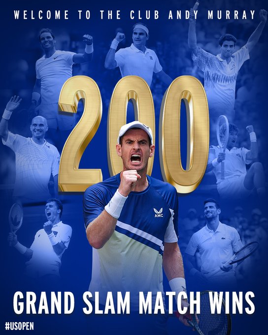 Graphic showing Andy Murray with the other players in the 200 Grand Slam match win club. 