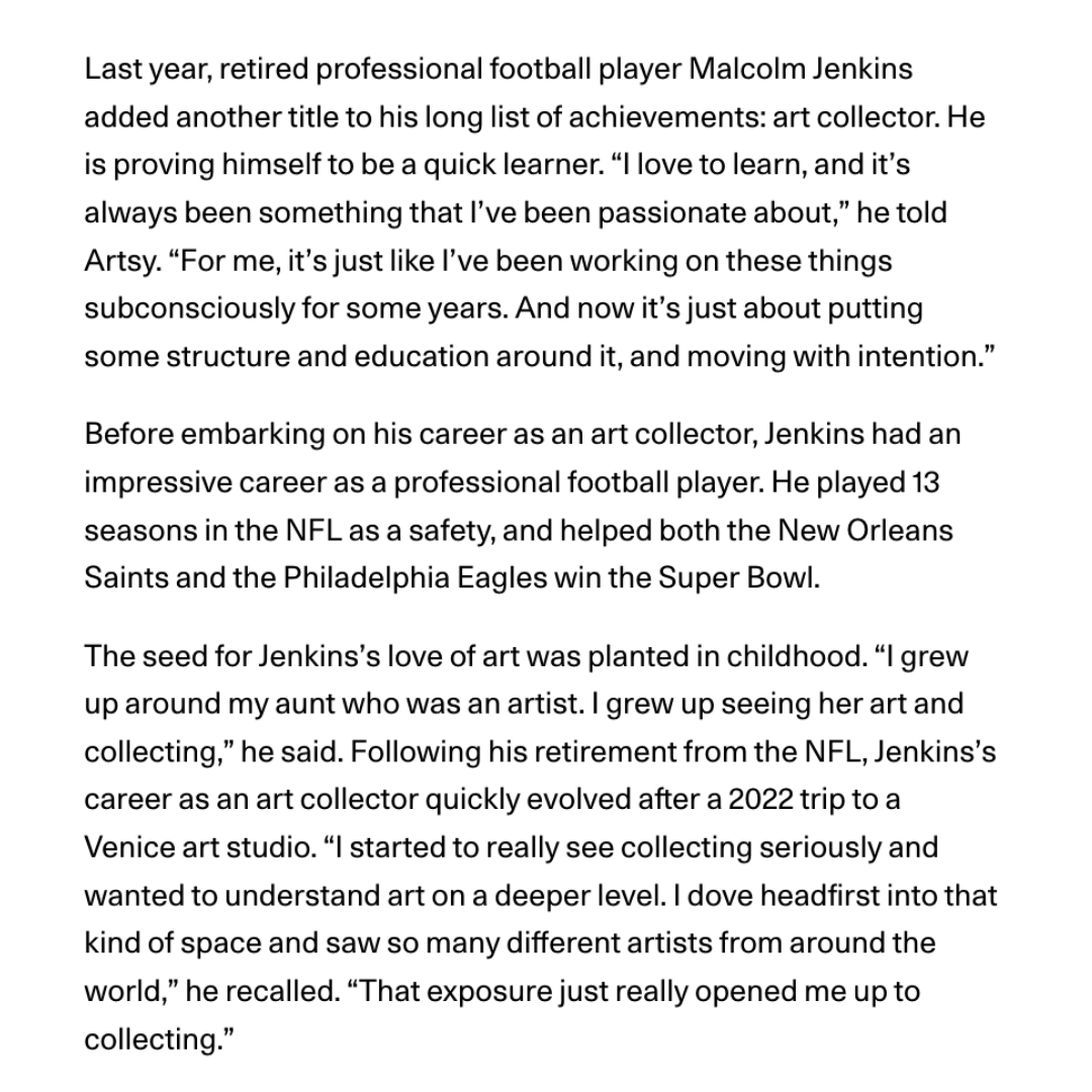 TheMJFoundation's tweet photo. Malcolm Jenkins featured in "How 10 Young Collectors on How They Got Started"
#art #artcollector #tmjf #themalcolmjenkinsfoundation https://t.co/yTurm7lpTb