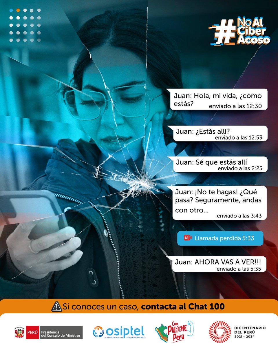 OSIPTEL's tweet photo. #NoAlAcosoVirtual | Si recibes mensajes hostigadores o amenazantes de personas que conoces o no, denuncia este hecho ante cualquier dependencia de la Policía, Fiscalía o del Juzgado de Familia.
Contacta la #Línea100 y el #Chat100
Medidas de prevención. ➡️ https://t.co/TsWzd0blmV https://t.co/Jhk5FEEZgY