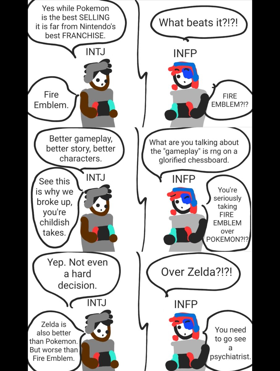 BadlyDrawnMBTI's tweet photo. INTJ is objectively correct. #intj #infp #mbti #pokemon #fireemblem #zelda https://t.co/hYprYN2vXX