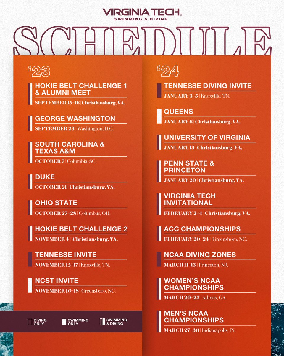 HokiesSwimDive's tweet photo. ‼️ Save the Dates ‼️

We’re pumped for our 2023-24 season 🤩 https://t.co/PfjOksFLBF