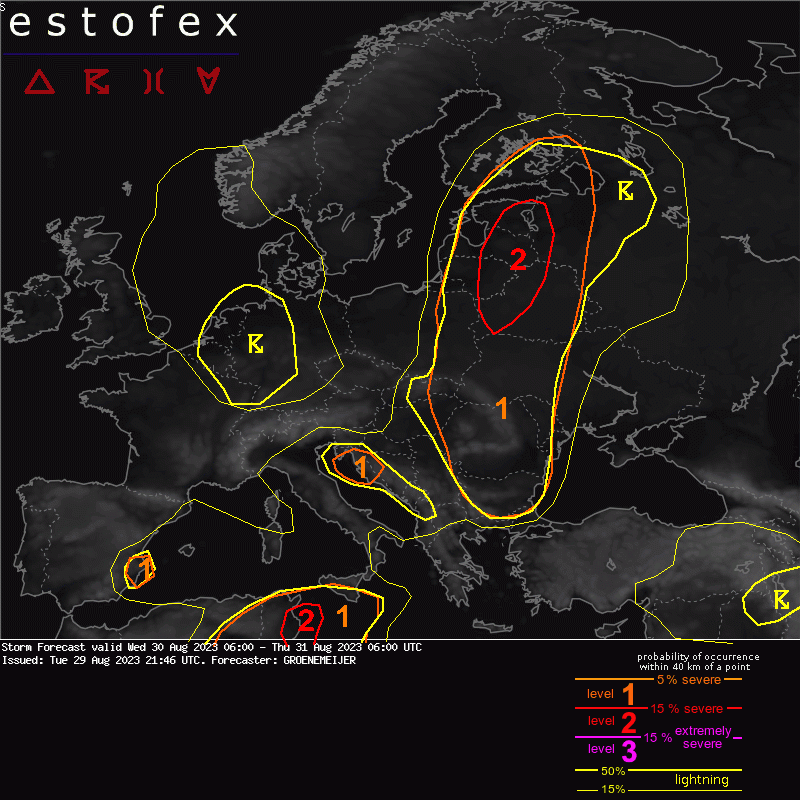 A new forecast was issued with a level 2 risk across the Baltic States, where all hazards may occur, and across Tunisia, where hail and flash floods are the greatest risk. Read more here: estofex.org/cgi-bin/polygo…
