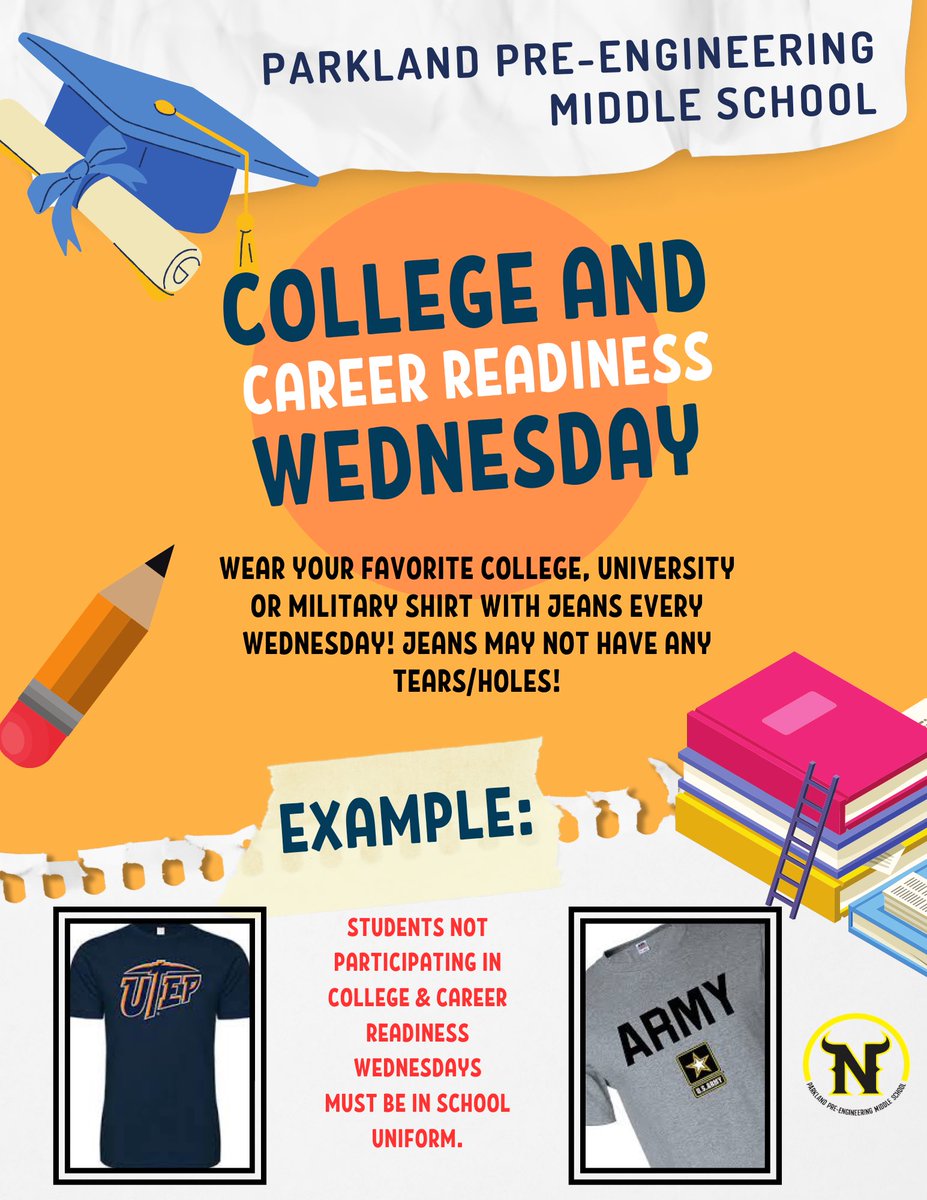 Novilleros, join us every Wednesday by wearing your college or military shirt in support of College and Career Readiness. <a href="/jortiz_P_/">Jesus Ortiz</a> <a href="/TheParkMS/">Parkland Pre-Engineering Middle School</a> <a href="/plarabazan/">Patty Bazan</a> <a href="/mmaldonado112/">Mildred Valenzuela Maldonado</a> <a href="/ERendon14/">E Rendon</a>