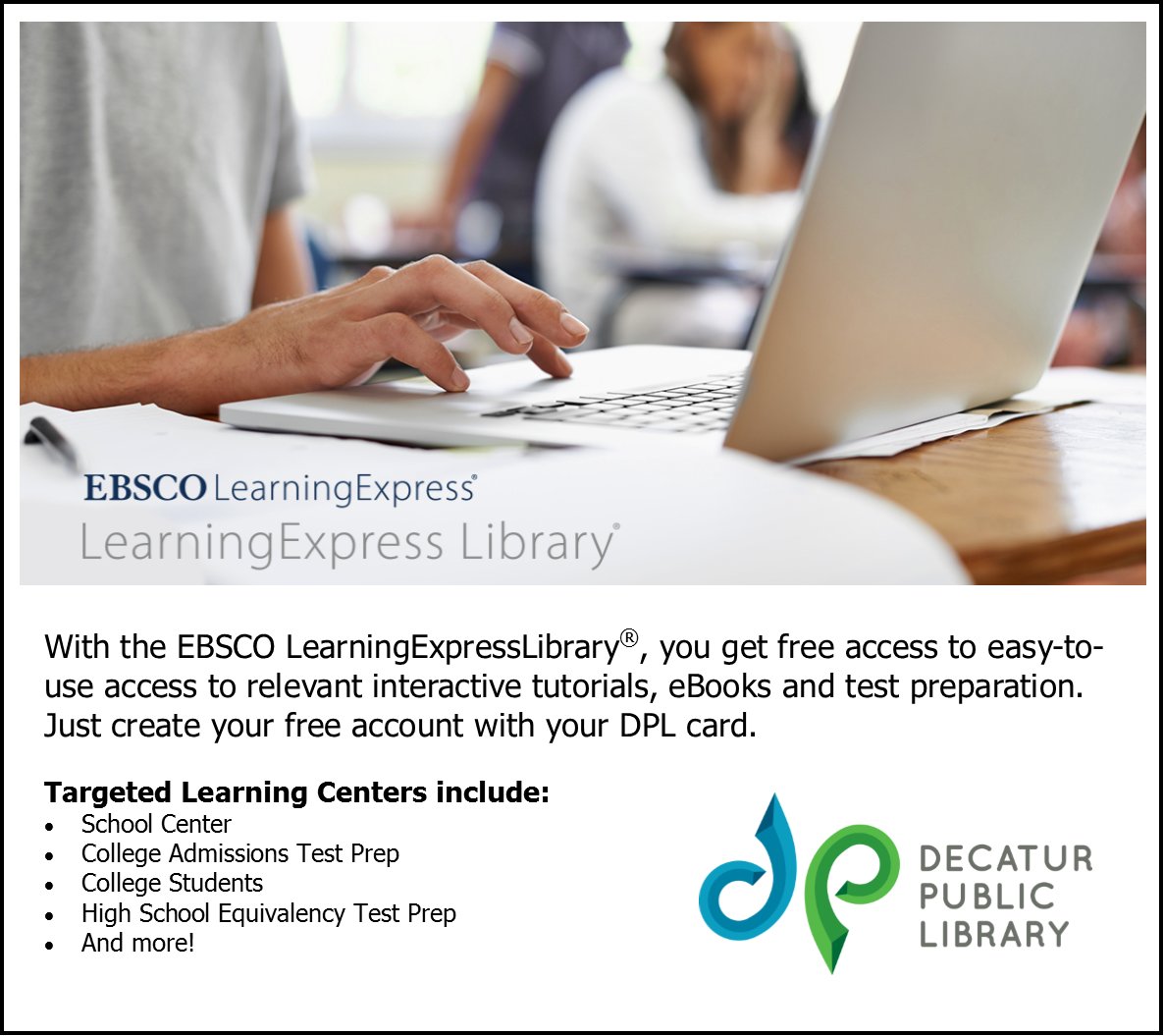 decaturpublib's tweet image. Students 4th grade and up can build classroom &amp;amp; homework skills in math, English language arts, social studies, science and technology with LearningExpress Library. Get started at myDPL.org &amp;amp; click on LearningExpress. #EBSCOLEX