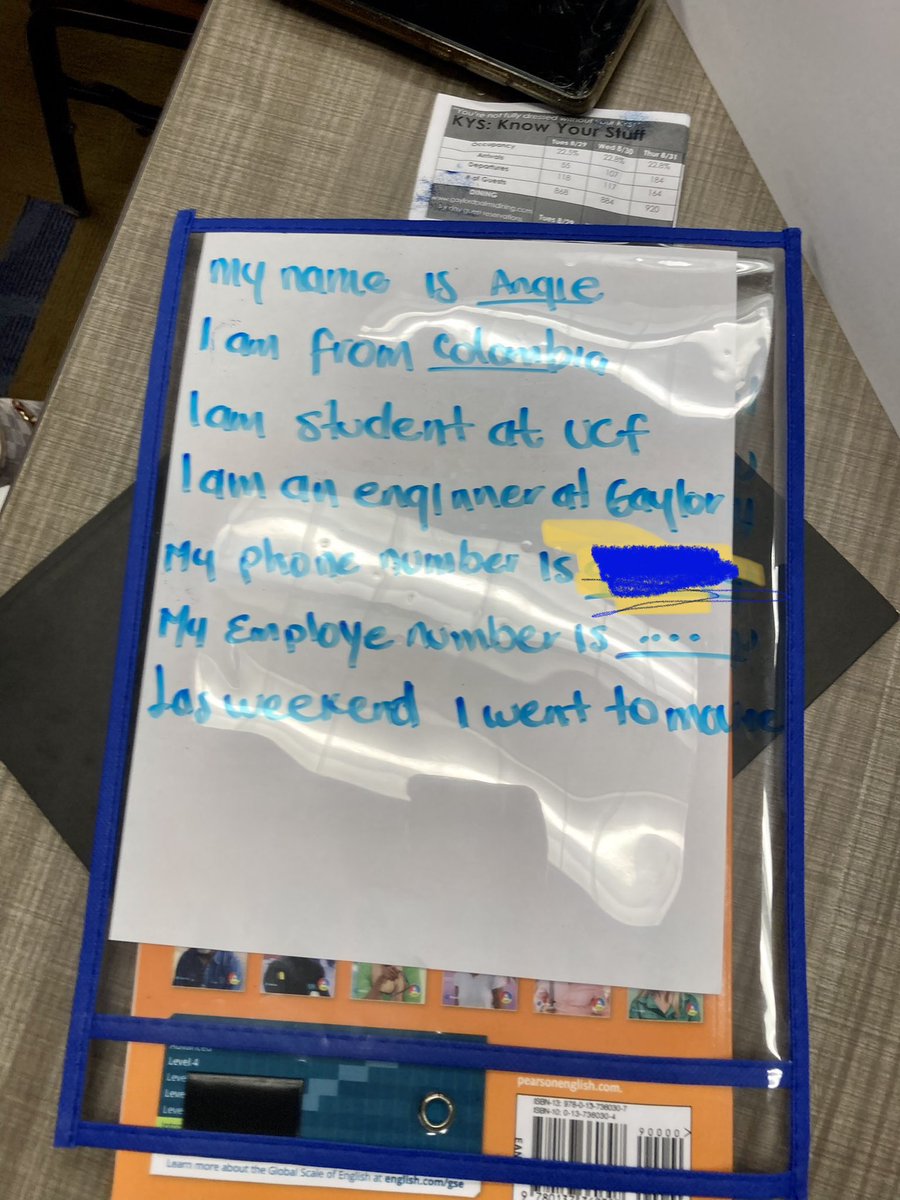 JohanneMLLs's tweet photo. Employees @GaylordPalms are learning basic English from @ucfglobal to communicate with guests at their place of employment. Today was our 3rd session and we did this activity below. Imagine the growth they will make by the end of the 16th session! #languageofhospitality https://t.co/hWTjYpDnPq