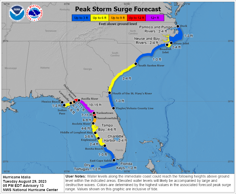 NWSTampaBay's tweet photo. 🌀 8/29 5pm Hurricane #Idalia:  
- Idalia is now a CAT 2 Hurricane with maximum sustained winds of 100 mph.
-  Additional strengthening is forecast tonight.
- Catastrophic impacts from storm surge between Aucilla River and Yankeetown, FL. (see details in 2nd graph)

#FLwx https://t.co/FYblb5SHte