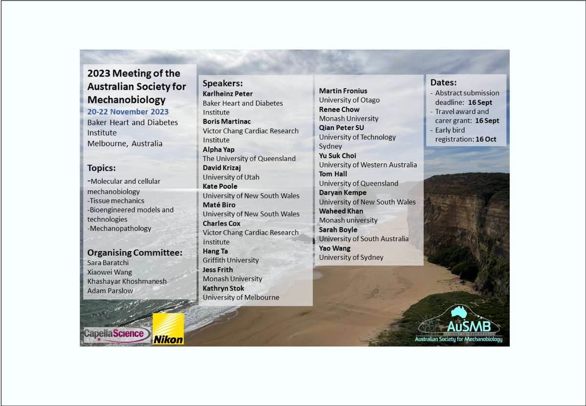 2023 Meeting of the Australian Society for Mechanobiology - gentle reminder that the deadline for submission of abstracts and applications for student travel awards and the dependent-care grant is Saturday, September 16th. More details 👇👇👇2023mechanobiologymeeting.com
