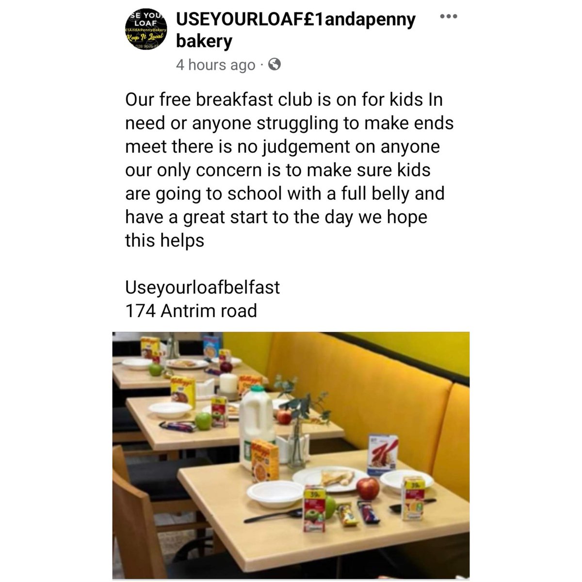 Great initiative from everyone involved at USEYOURLOAF bakery on 147 Antrim Road, Belfast.

It is fantastic to see the takeaway/food to go industry continuing to support local communities during these challenging times 👏 👏