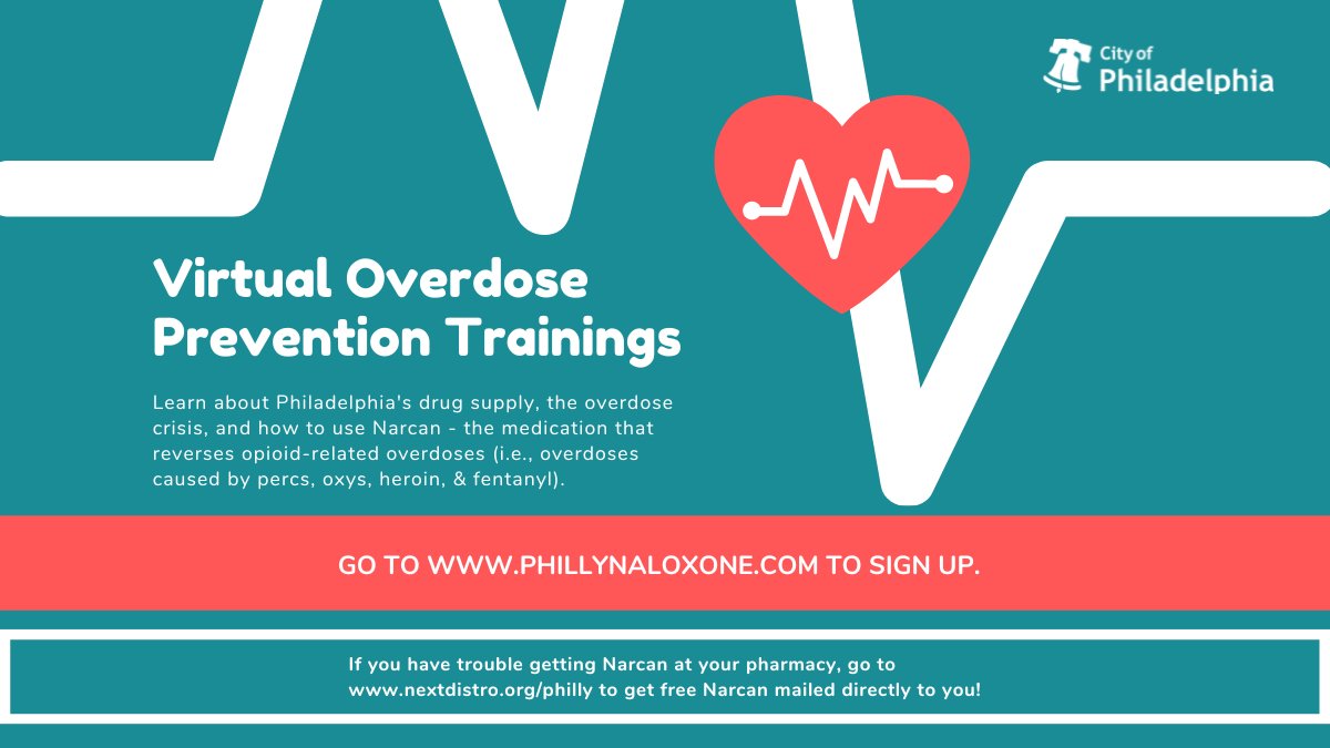 PHLPublicHealth's tweet photo. Learn more about Philly's overdose crisis and how to use Narcan by joining our virtual overdose prevention and reversal training Tuesday, September 5, at noon.

Sign up ➡️ https://t.co/5efdQy5AzV https://t.co/kfJS8t9neY