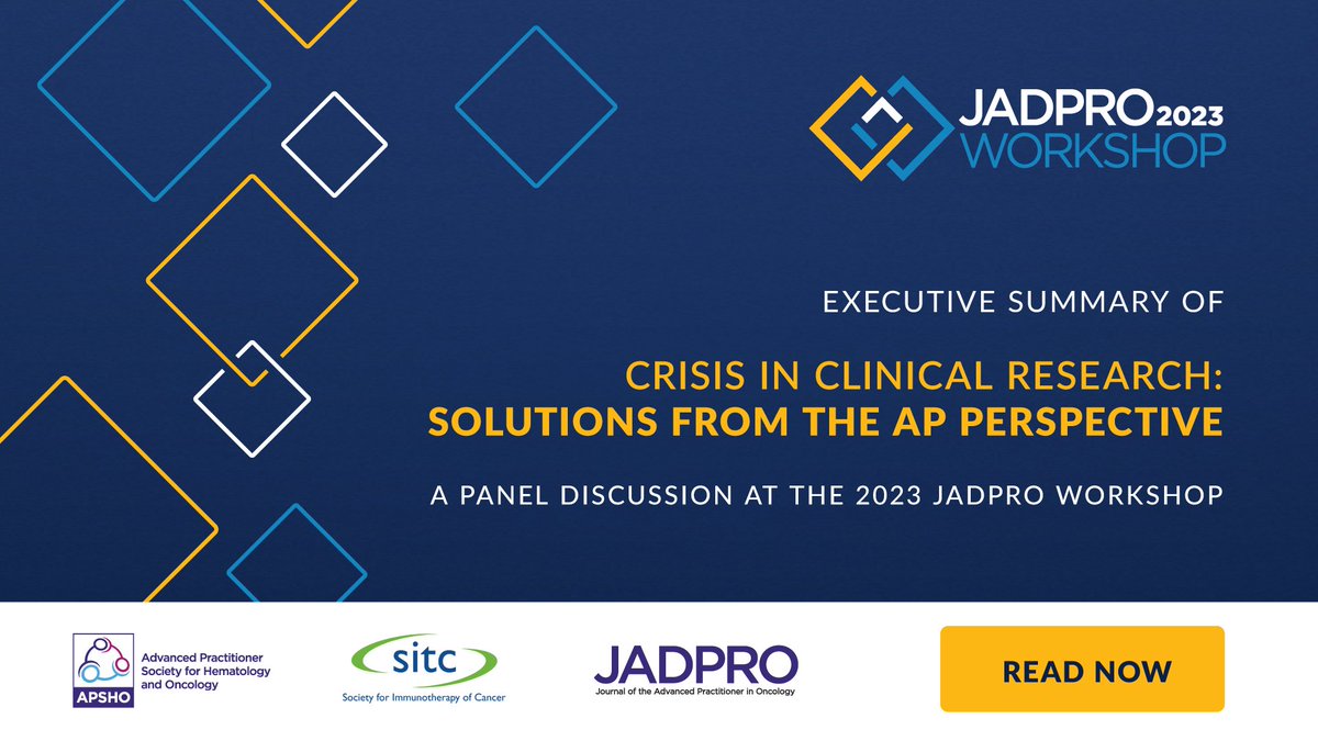 JADPRO's tweet photo. “Crisis in Clinical Research: Solutions from the AP Perspective" – an Executive Summary of @APSHOorg and @sitcancer from the 2023 #JADPROworkshop panel discussion. Learn how APs contribute to clinical research – use #APsInResearch to join the conversation! https://t.co/kWGRc6qAIU https://t.co/7uiRmwjsoj