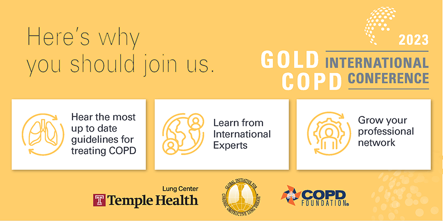 TempleLung's tweet photo. At #GOLDCOPD2023, providers will learn about the most up-to-date COPD management and prevention strategies from leading international experts. Register today to join us for two days of networking and education on November 13-14: https://t.co/PgeA4w6wjO https://t.co/smD39XOZ8t