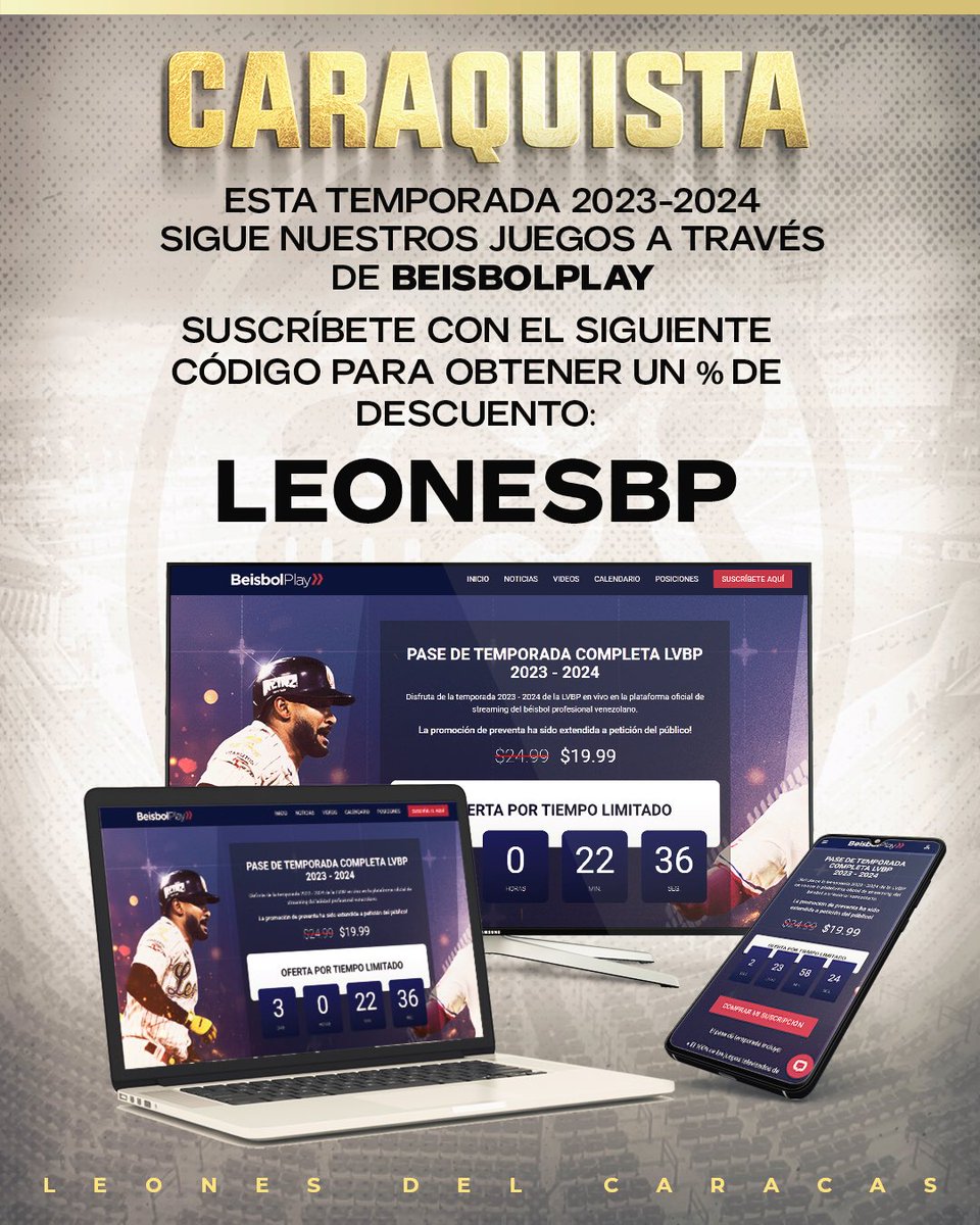 leones_cbbc's tweet photo. Caraquista

Tenemos buenas noticias para ti

Esta temporada 2023-2024 podrás seguir nuestros juegos a través de @beisbolplaycom, al subscribirte con el código LEONESBP obtendrás un descuento y acceder a contenido exclusivo que solo se podrá ver en la plataforma

#CaraquistaSoy🦁 https://t.co/9wZ5CPUCus