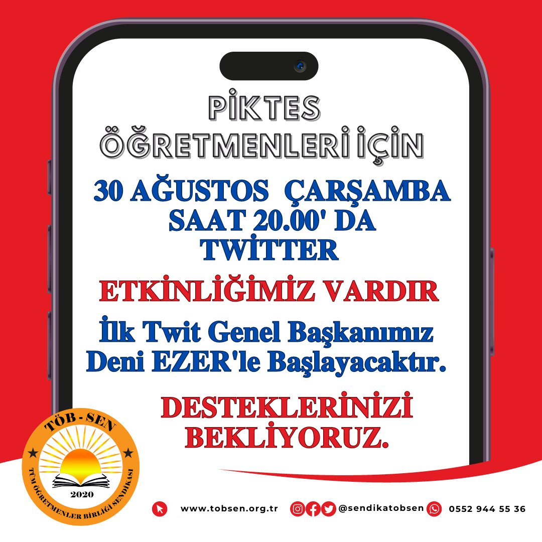 sendikatobsen's tweet photo. 📢30 Ağustos Cuma / Saat 20.00 ' da Piktes Öğretmenleri için Twitter etkinliğimiz var. İlk Twit genel başkan @DenizEzer ile başlayacak.

1️⃣ Piktes'e Eğitime Hazırlık Ödeneği 
2️⃣Piktes'e Kadro
3️⃣Piktes Süreleri Uzman ve Başöğretmenlikten sayılması / kademe derece verilmesi https://t.co/0Milypx06B