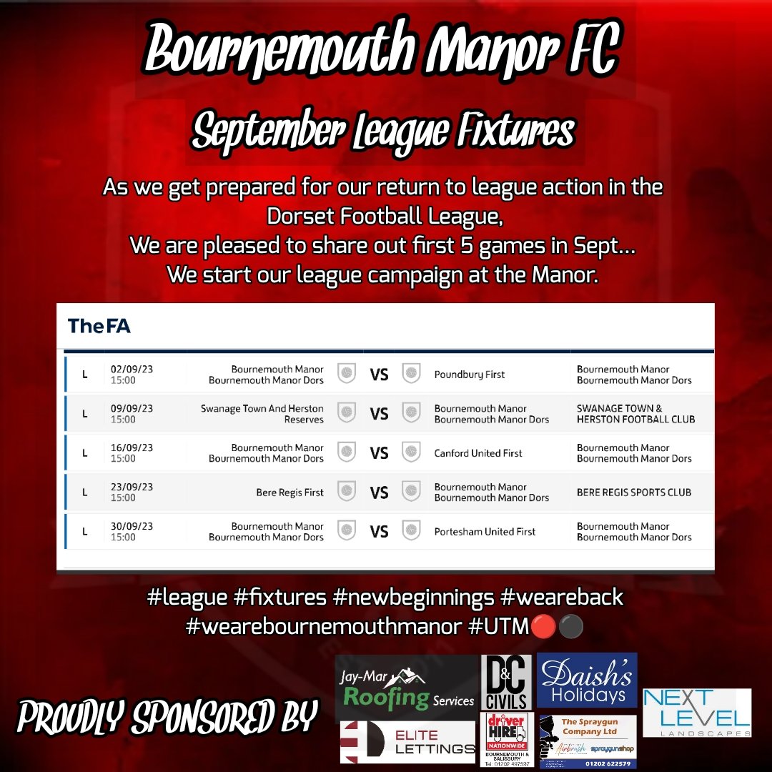 bmouthmanorfc's tweet photo. 📅📅    Bournemouth Manor FC September Fixtures    📅📅

With the start of the season now upon us, here is your Manor fixtures for September, on our return to Dorset League football

#timetogetgoing #seasonstartsnow #football #weareback #wearebournemouthmanor #UTM🔴⚫ https://t.co/JIl4dJiidU