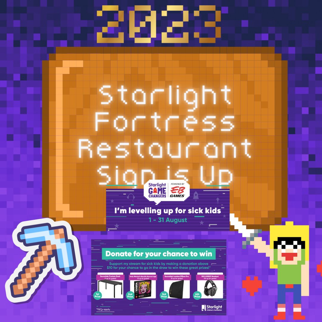 kratzy76au's tweet photo. Our journey is coming to end of August and our EB GameChangers Charity Streams for @Starlight_star today final push to complete and open our Starlight Fortress Restaurant Sign is Up 5pm AEST !Star #ForTheKids #Minecraft #Minecraftbuilds #GameChangers #FamilyFun #FortressBuild #charity https://t.co/6G7MWUBYg1 #Twitch #TwitchNQ #TwitchANZ